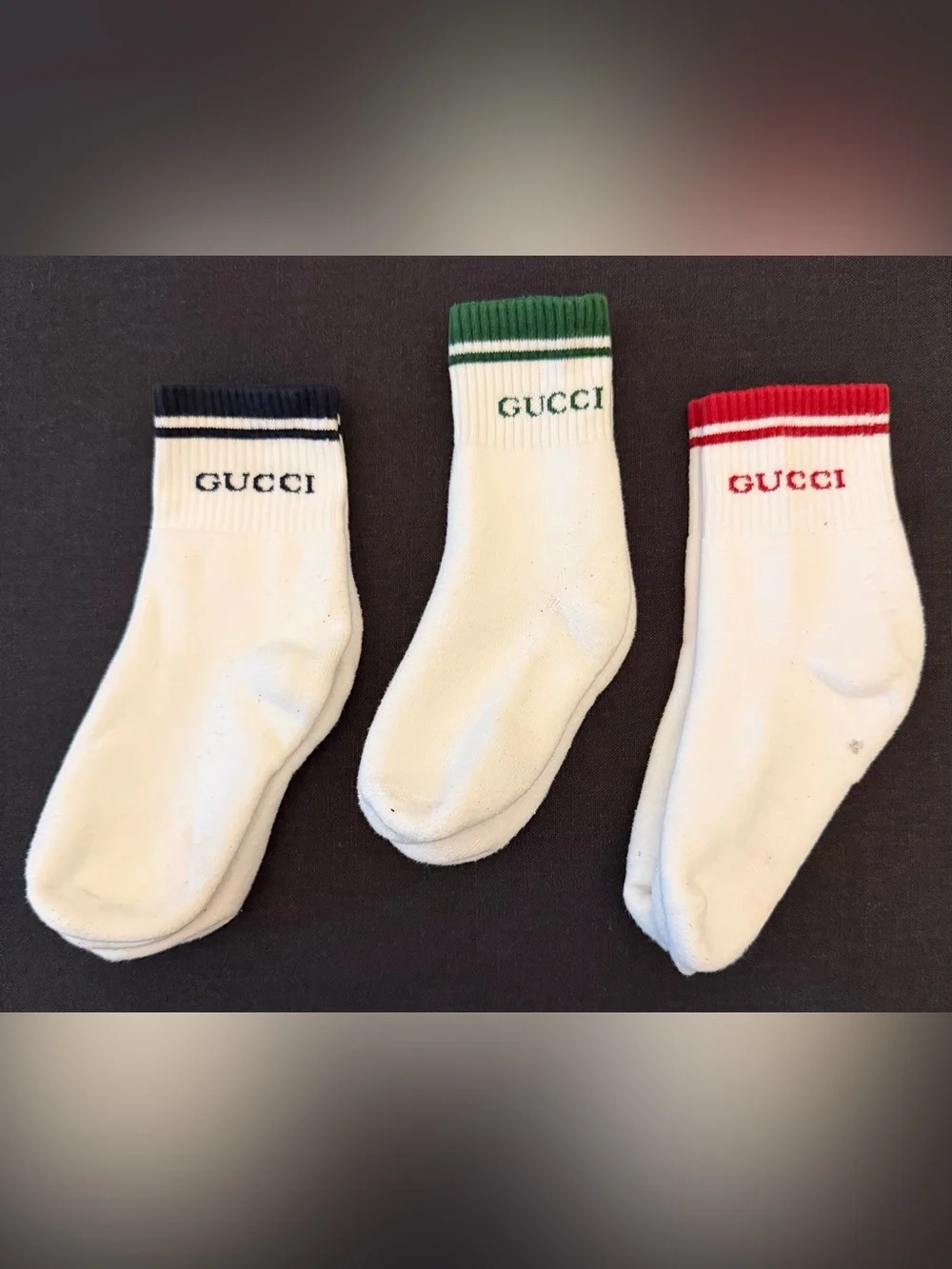 Men’s Gucci White Crew Ankle Socks with Black, Green and Red Trim - Set of 3